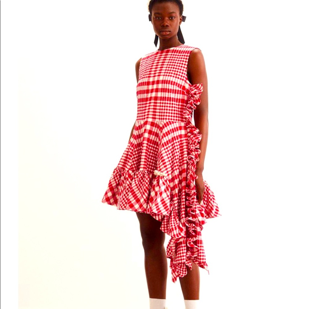 Simone Rocha H&M Asymmetric Cotton Dress Red Check